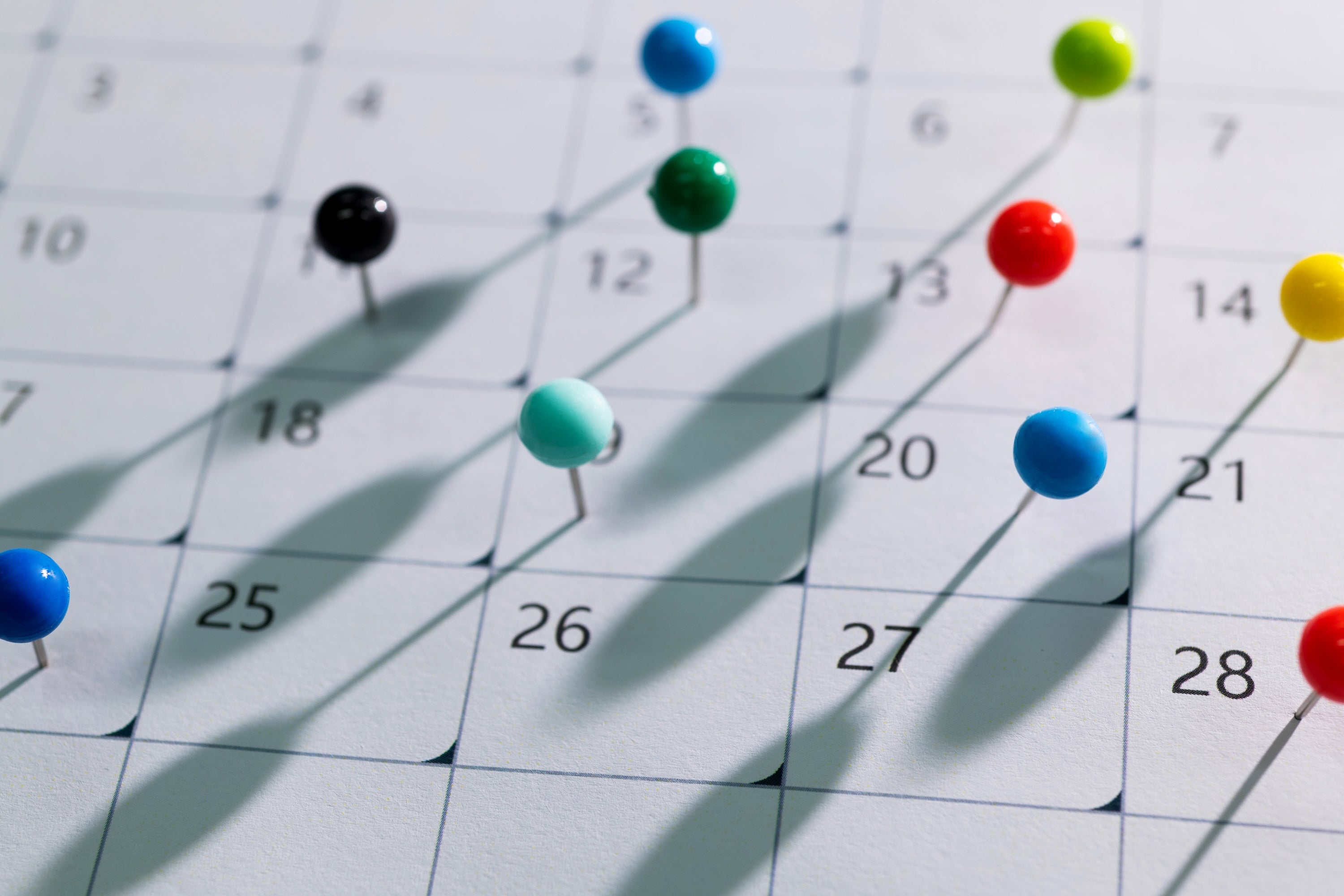 Colorful pushpins in paper calendar squares