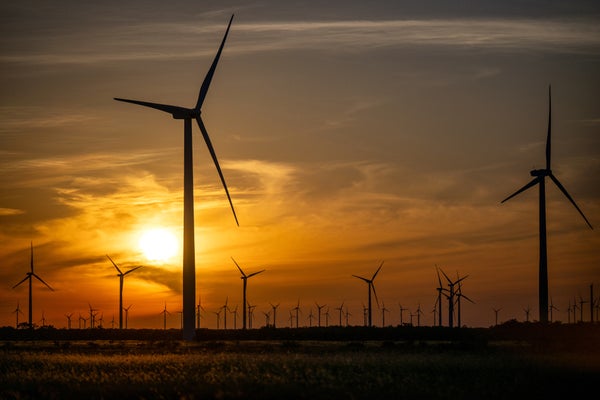 Wind turbines at sunrise.