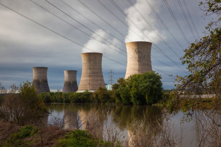 Photo showing three stacks at the Three Mile Island Nuclear power generating station in Londonderry Township, Pennsylvania