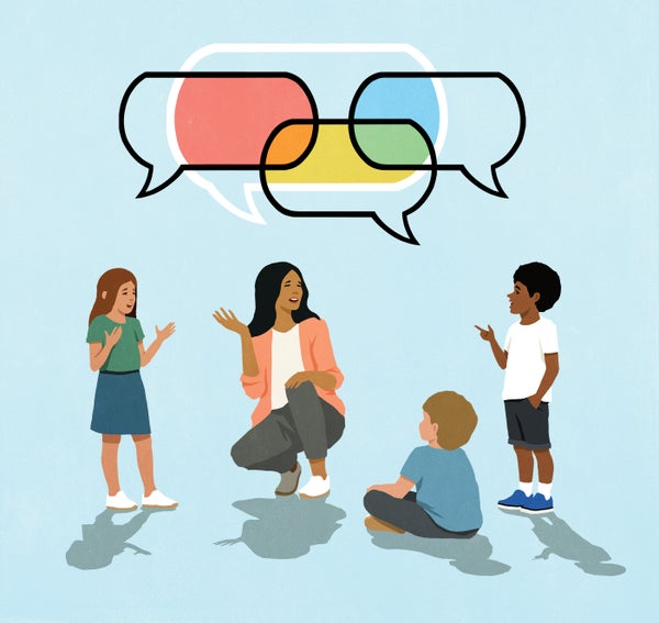 Illustration of a parent kneeling around three children, with text bubbles above them