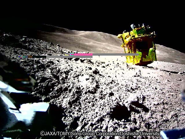 Image of JAXA's Smart Lander for Investigating Moon (SLIM) in its final landing position on the moon.