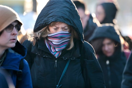 A woman in a crowd with a puffer coat on, hood pulled over her head and a scarf wrapped around her face