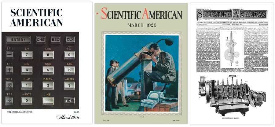 أغلفة مجلة ساينتفيك أمريكان من مارس 1976 و1926 و1876.