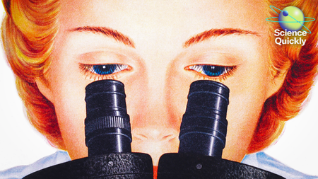 An illustration of a close-up of a woman scientist looking into the lenses of a microscope