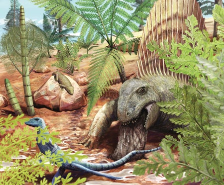 A paleontological illustration showing a large lizard-like animal with a tall sail on its back appearing to vomit. Also pictured are two smaller reptiles, one bright blue and the other a greenish brown.