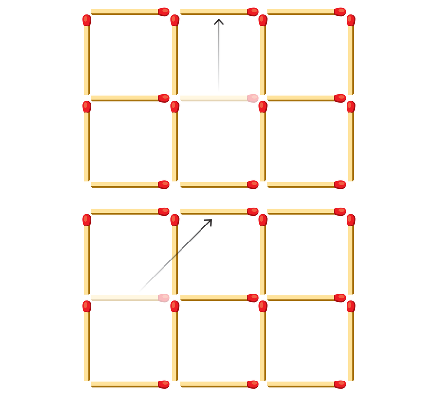 Graphic shows solutions in which either the middle or left middle horizontal matchstick is moved into the top middle spot.