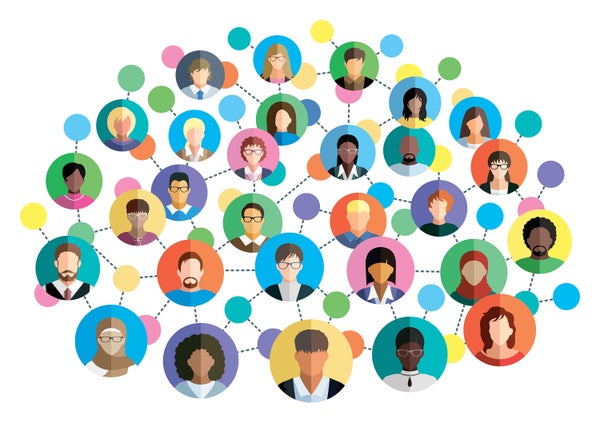 Multicolored social network scheme, with people icons at the nodes.