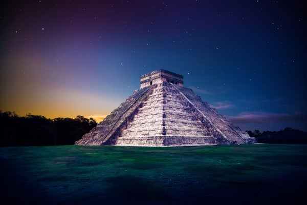 Mayan pyramid with purple starry sky and green space in front.