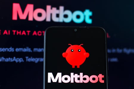 Smartphone screen displaying a red cartoon lobster logo and the word “Moltbot,” with a blurred background showing the Moltbot name and interface text.