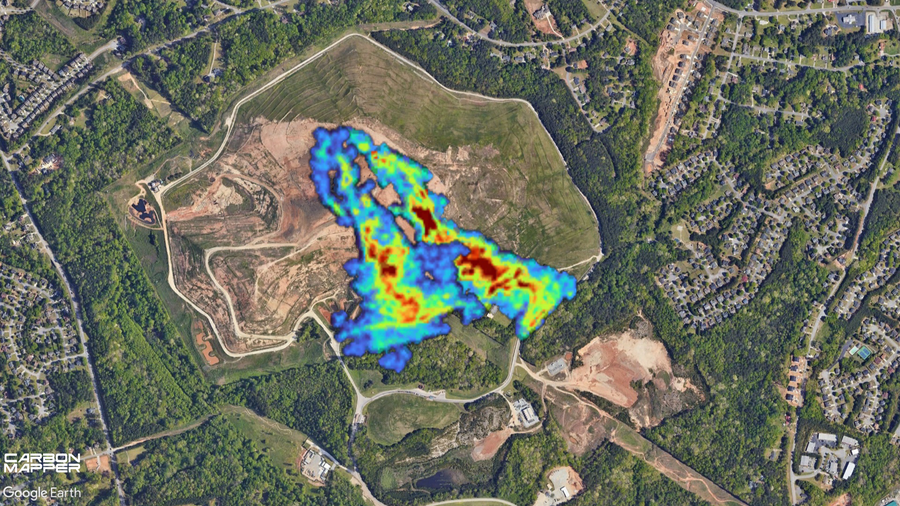 Aerial map of a landfill withon a landscape with a section at the center marked for methane.