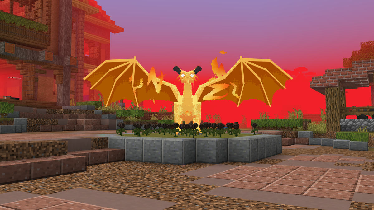 Yellow Dragon on grey stones n front of red sky and two building structures.