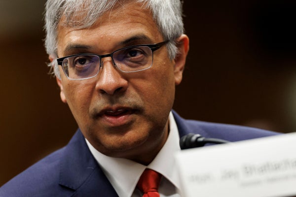Close up of US National Institutes of Health (NIH) Director Jayanta (Jay) Bhattacharya testifying during a Senate Appropriations Committee hearing on Capitol Hill