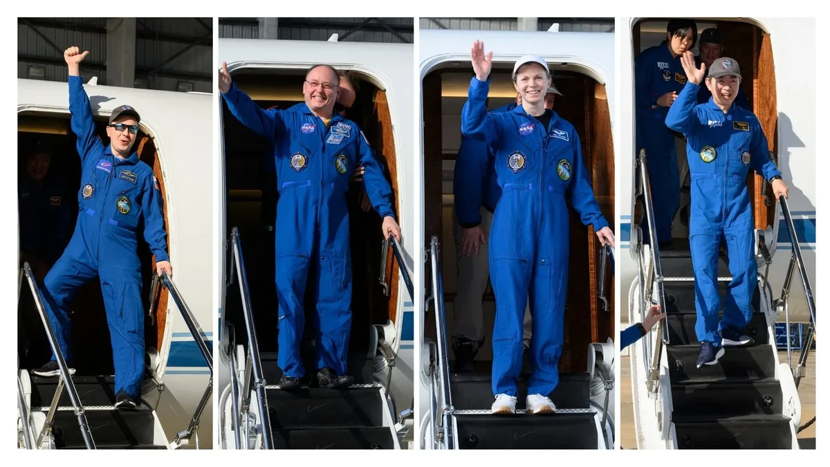 NASA's SpaceX Crew-11 crew returns to Ellington Field's Guppy Hangar in Houston on January 16, 2026. From left to right is Roscosmos cosmonaut Oleg Platonov, NASA astronauts Mike Fincke and Zena Cardman and Japan Aerospace Exploration Agency astronaut Kimiya Yui.