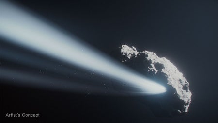 An illustration of a comet with a jet of gas coming from it in space
