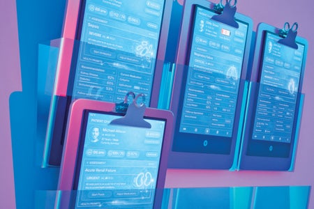 Illustration of AI in clinical care, showing tech-driven clipboards