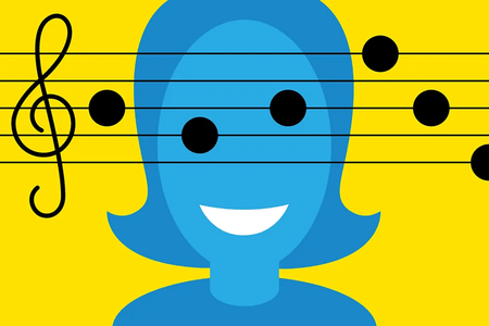 Conceptual illustration of a blue woman character, with musical notes for eyes