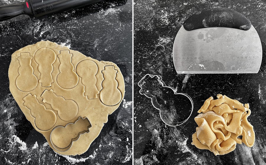 Photographs side by side, on the left, cookie dough is rolled out onto a counter stamped repeatedly with a snowman cookie cutter. On the right the leftover dough from the spaces between the stamped snowman cookie cutter is shown in a pile next to the cookie cutter and a dough scraper on the counter