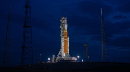 Lights illuminate NASA’s Artemis II SLS (Space Launch System) rocket and Orion spacecraft at Launch Complex 39B at NASA’s Kennedy Space Center in Florida on January 18, 2026.