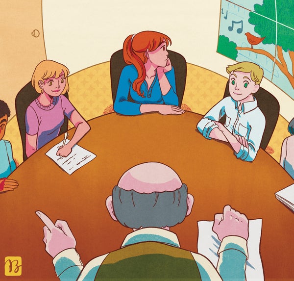 Illustration of multiple people sitting around a table, with one girl looking out the window at a bird.