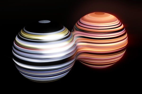 A conceptual diagram of a Majorana fermion, which is also its own antiparticle. Fermions are subatomic particles with half-integer spin.