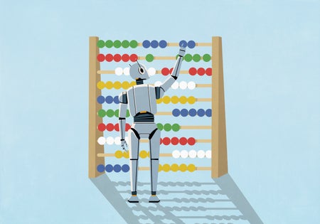 Cartoon image of a robot standing in front of a giant abacus, sliding one of its pieces