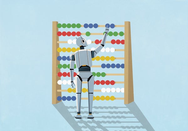 Cartoon image of a robot standing in front of a giant abacus, sliding one of its pieces