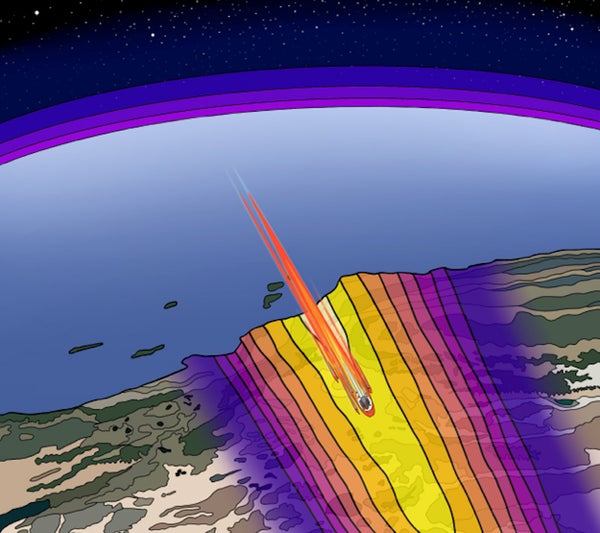 An illustration showing the trajectory of a piece of space debris as it falls through the atmosphere over the western U.S. Color-coded contour lines denote the strength of associated shock waves from the supersonic flight of the debris.
