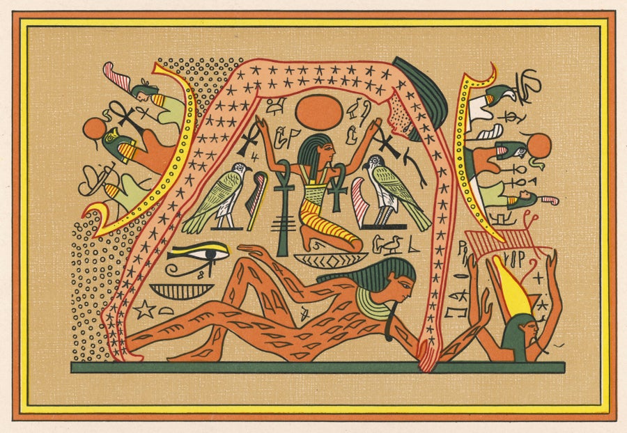 An Egyptian view of Creation. Geb, the Earth-God, lies on the ground with his sister, Nut, the sky-goddess arched above him, between them hovers the air-god.