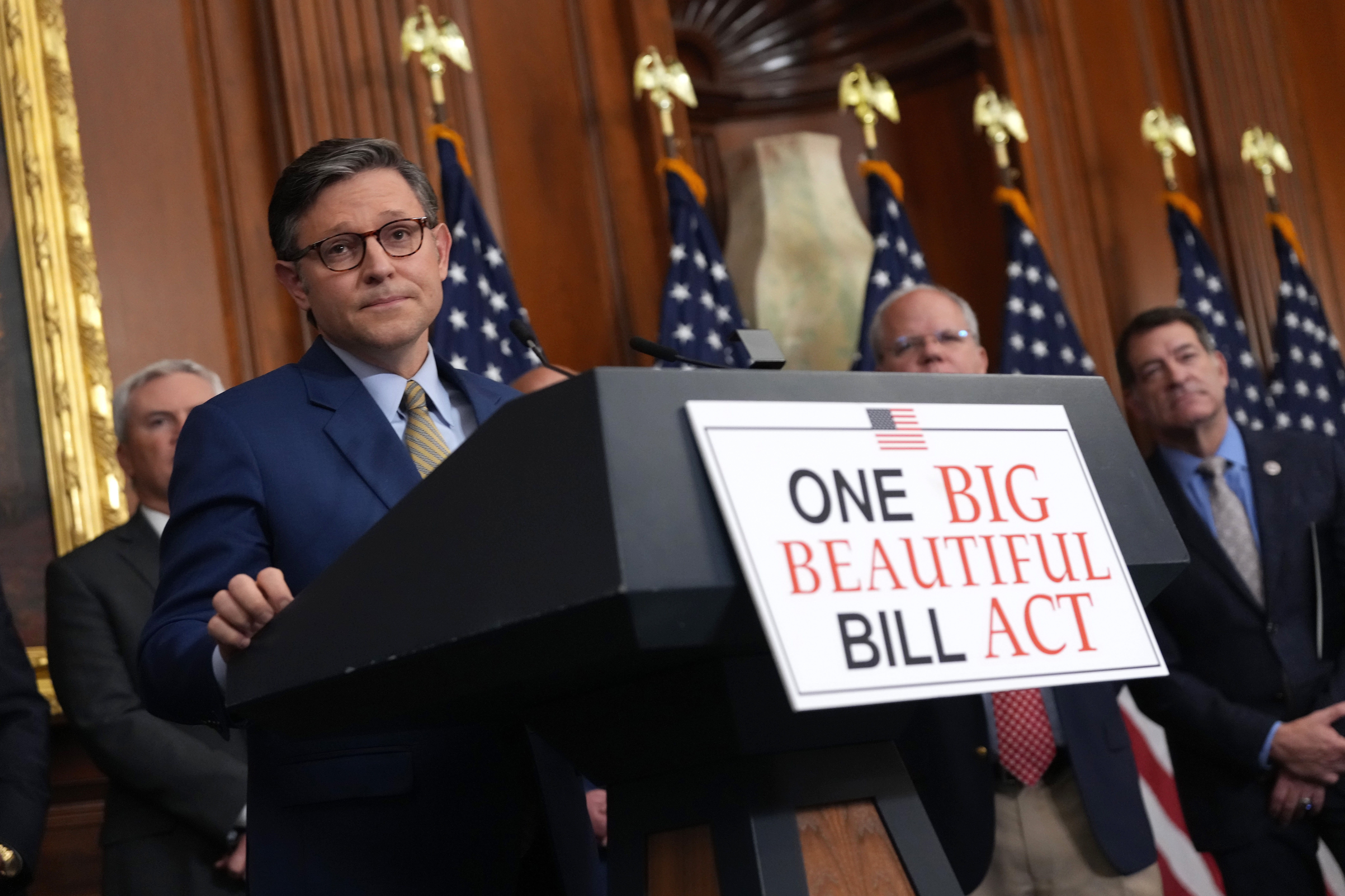 U.S. Speaker of the House Mike Johnson (R-LA) speaks to the media after the House narrowly passed a bill forwarding President Donald Trump's agenda at the U.S. Capitol on May 22, 2025 in Washington, DC.