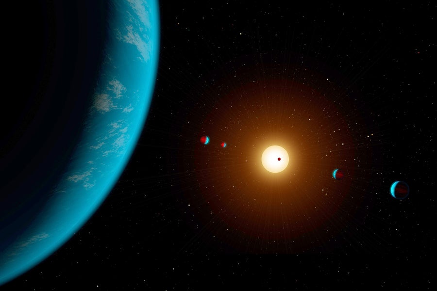 An artist's illustration of the K2-138 planetary system