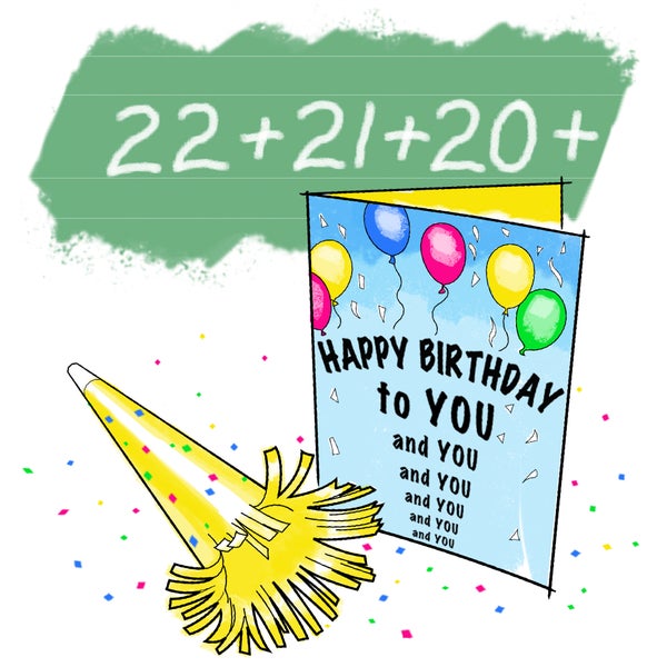 Numbers 22+21+20 with a birthday card and yellow party blower