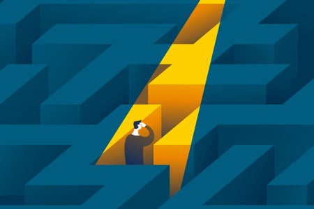 Illustration of a confused man in a blue maze graphic pointing the way with a yellow arrow.