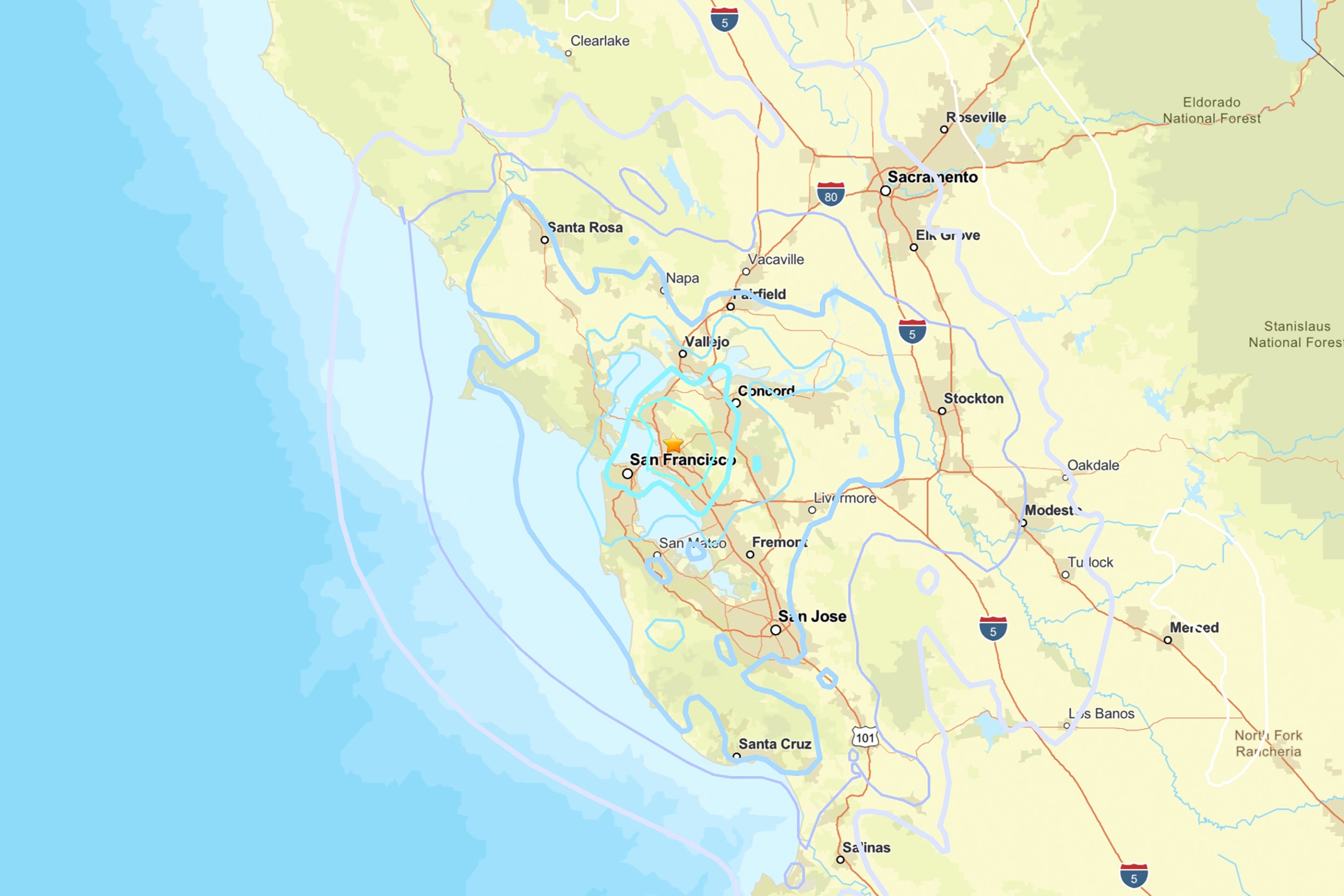 USGS map showing epicenter of San Francisco earthquake on September 22, 2025