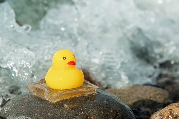Duckie amarelo colado a uma rocha quando as ondas caem em fundo