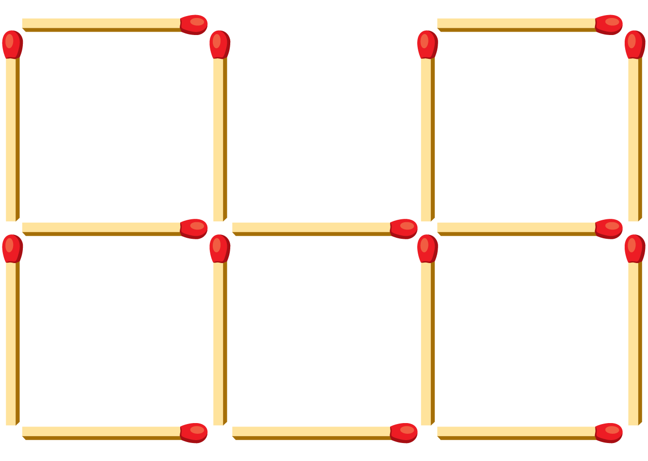 Graphic shows 16 matchsticks arranged to fill in every line segment of a two-by-three grid except for the horizontal segment making up the top middle part.