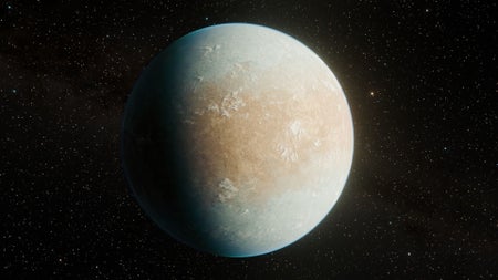 An illustration of an icy planet floating in space