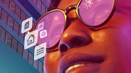 Woman wearing AI-enabled devices including glasses, an earbud, and a necklace pendant.