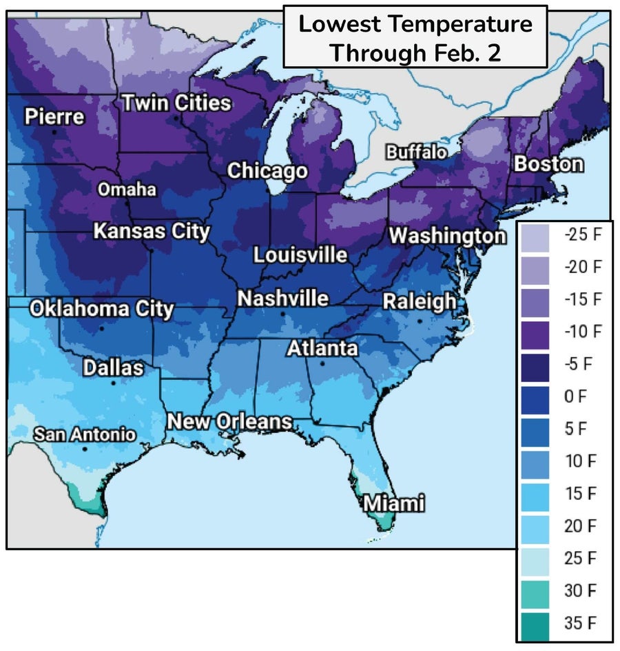 Карта источне половине САД-а са бојама са бојама у распону од зелене преко плаве до љубичасте како би се показале све хладније температуре