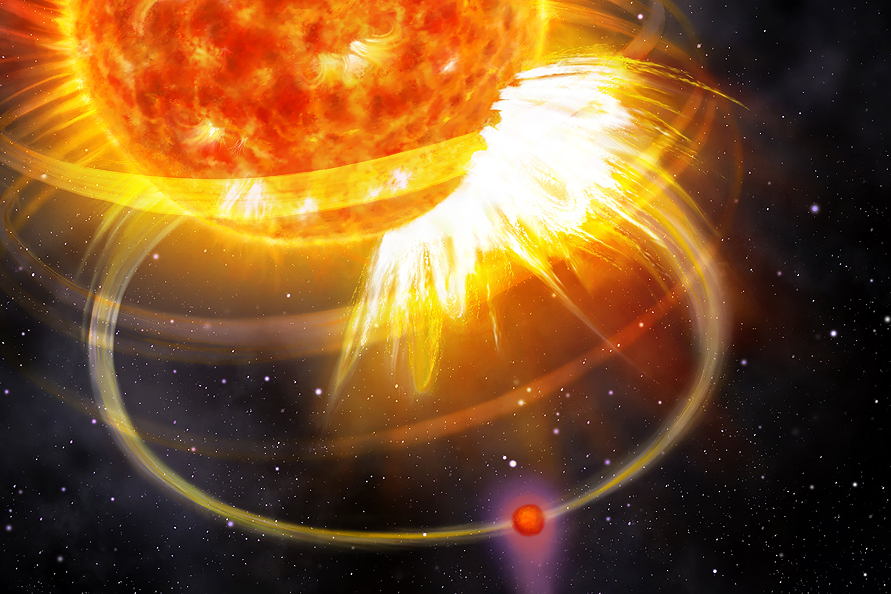 In this artist’s impression, we see the planet HIP 67522 b sending a wave of energy down the magnetic field lines toward the surface of its host star, which it is closely orbiting. When the wave meets the end of the magnetic field line at the star’s surface, it triggers a massive flare