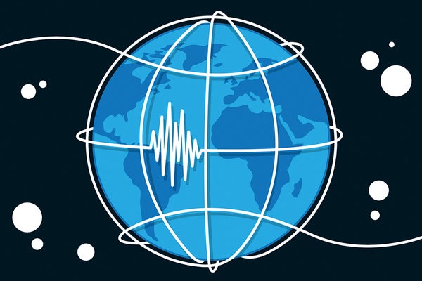 Globe with latitude lines creating a seismograph pattern