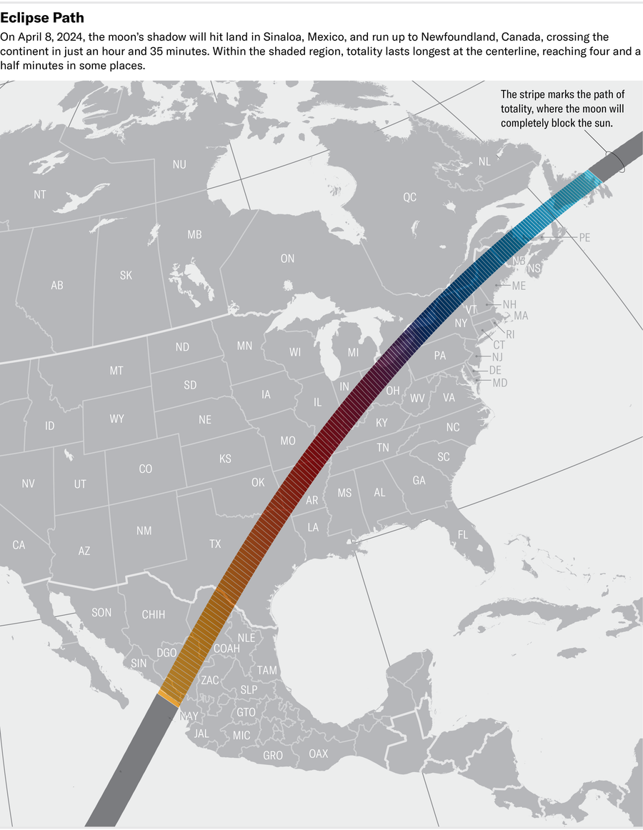 A band running across a map of North America marks the April 8 2024 path of totality. The moon's shadow hits land in Sinaloa, Mexico and tracks northeast to Newfoundland, Canada.