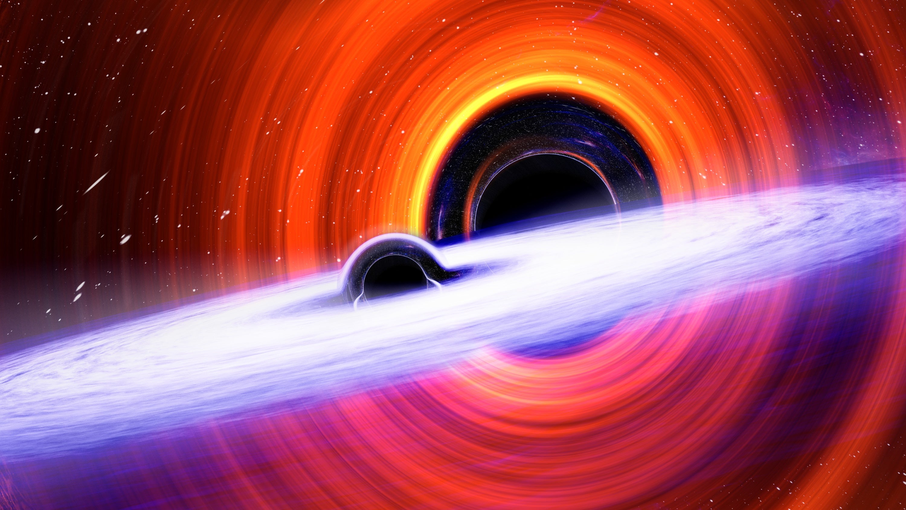 Artistic visualization of two black holes with misaligned accretion disks merging