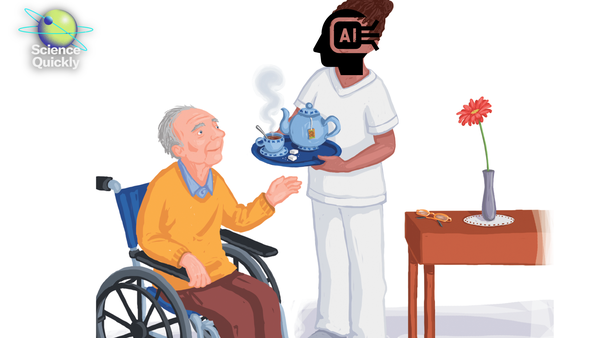An illustration of an elderly man in a wheel chair being served tea by a person with their face covered with the words "AI"