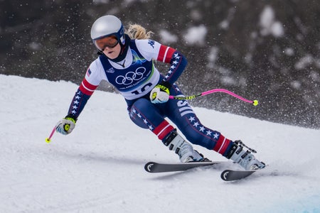 Lindsey Vonn of Team United States in action during the Downhill Training of the Milano Cortina 2026 Winter Olympic Games