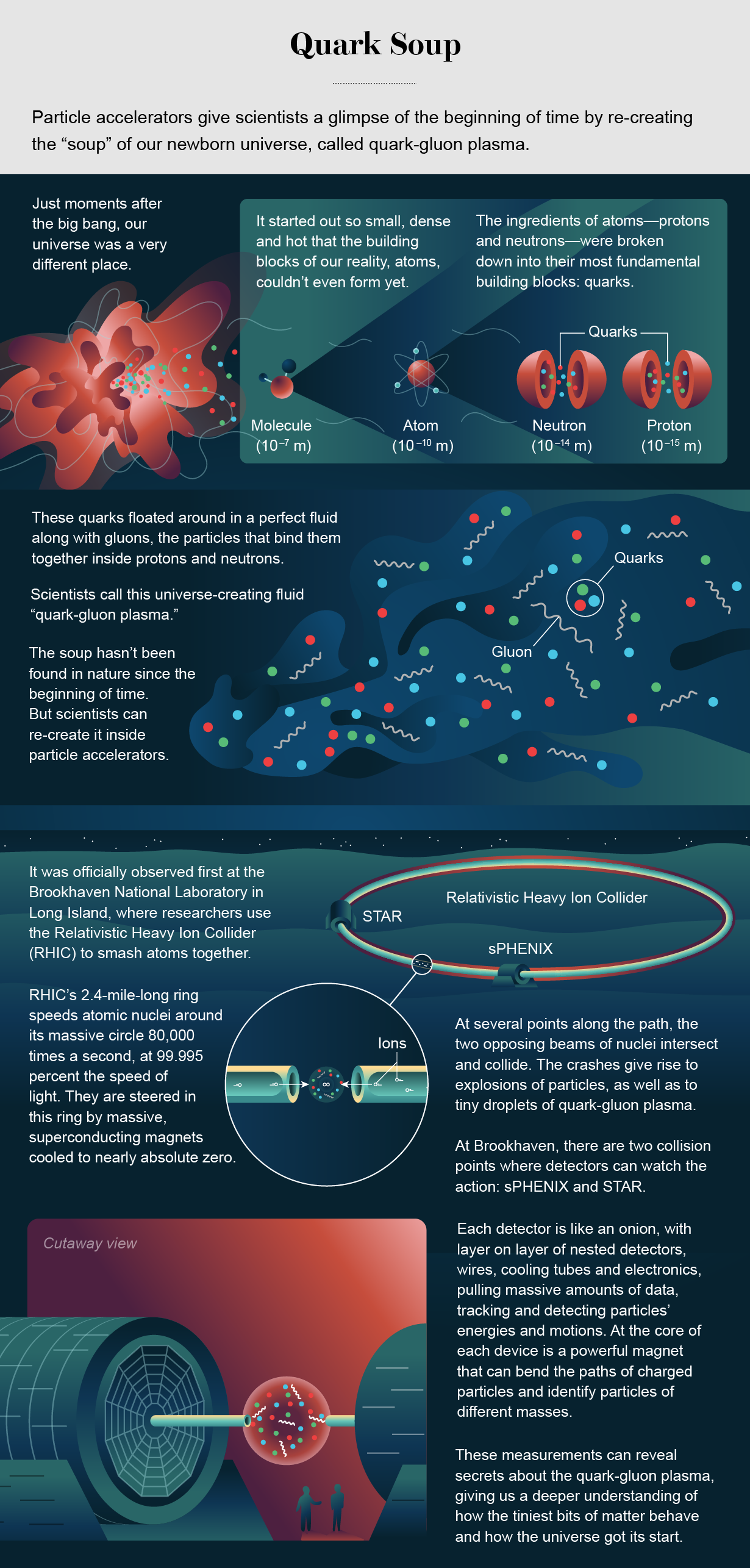 Graphic explains how the Relativistic Heavy Ion Collider smashes atomic nuclei together to produce droplets of quark-gluon plasma, re-creating the original “soup” of our newborn universe.