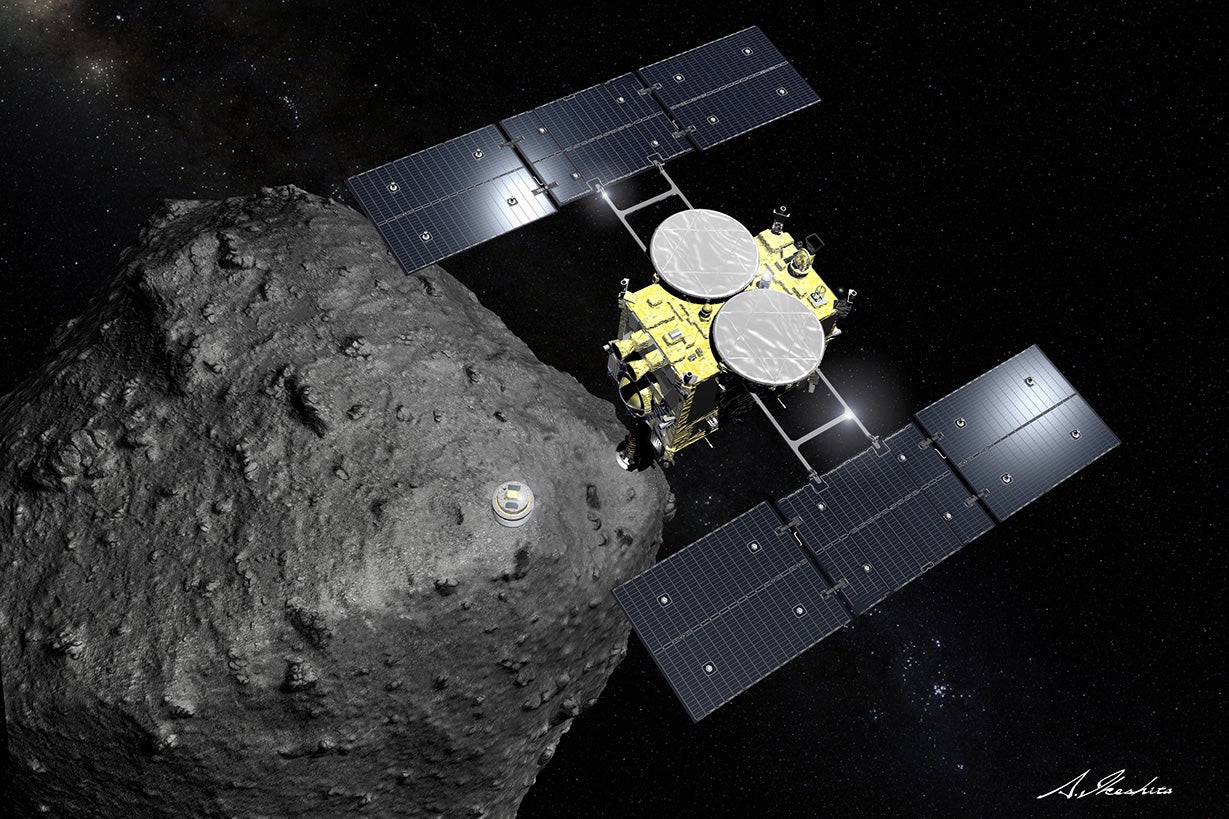 Illustration: Hayabusa2 spacecraft orbiting the asteroid Ryugu