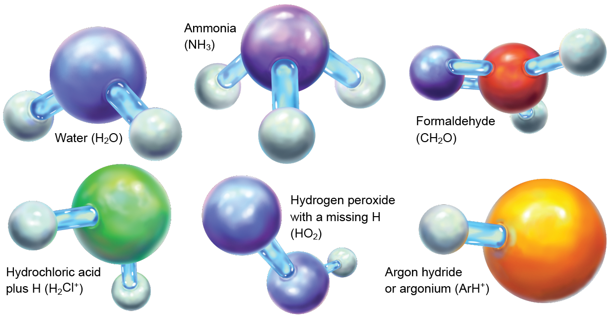 Stick-and-ball models of water, hydrochloric acid plus H, ammonia, hydrogen peroxide with a missing H, formaldehyde and argon hydride (or argonium)