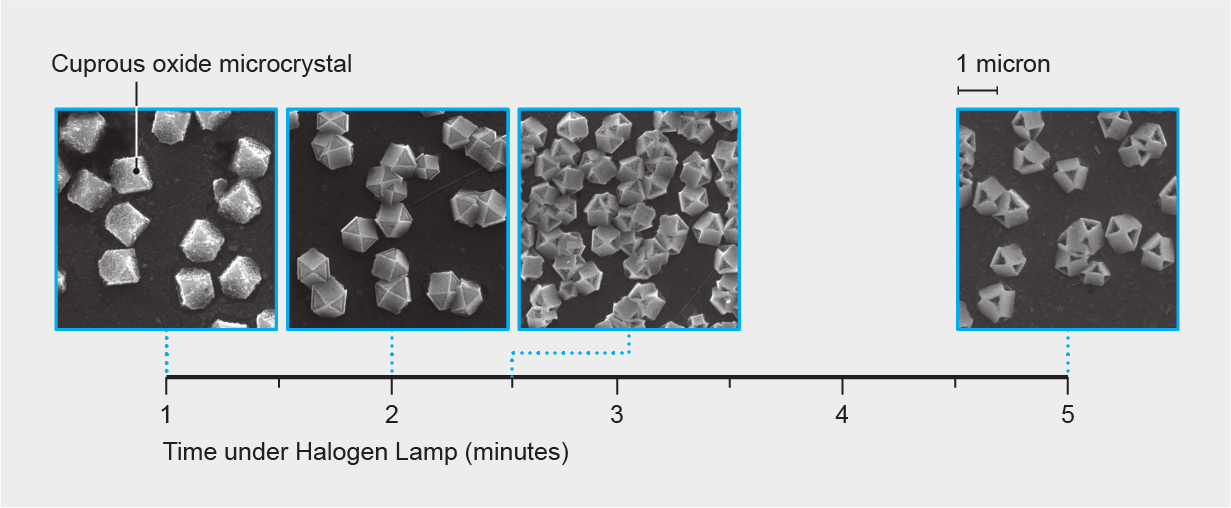 Series of four micrographs shows how cuprous oxide microcrystals are hollowed out under a halogen lamp over a five-minute period