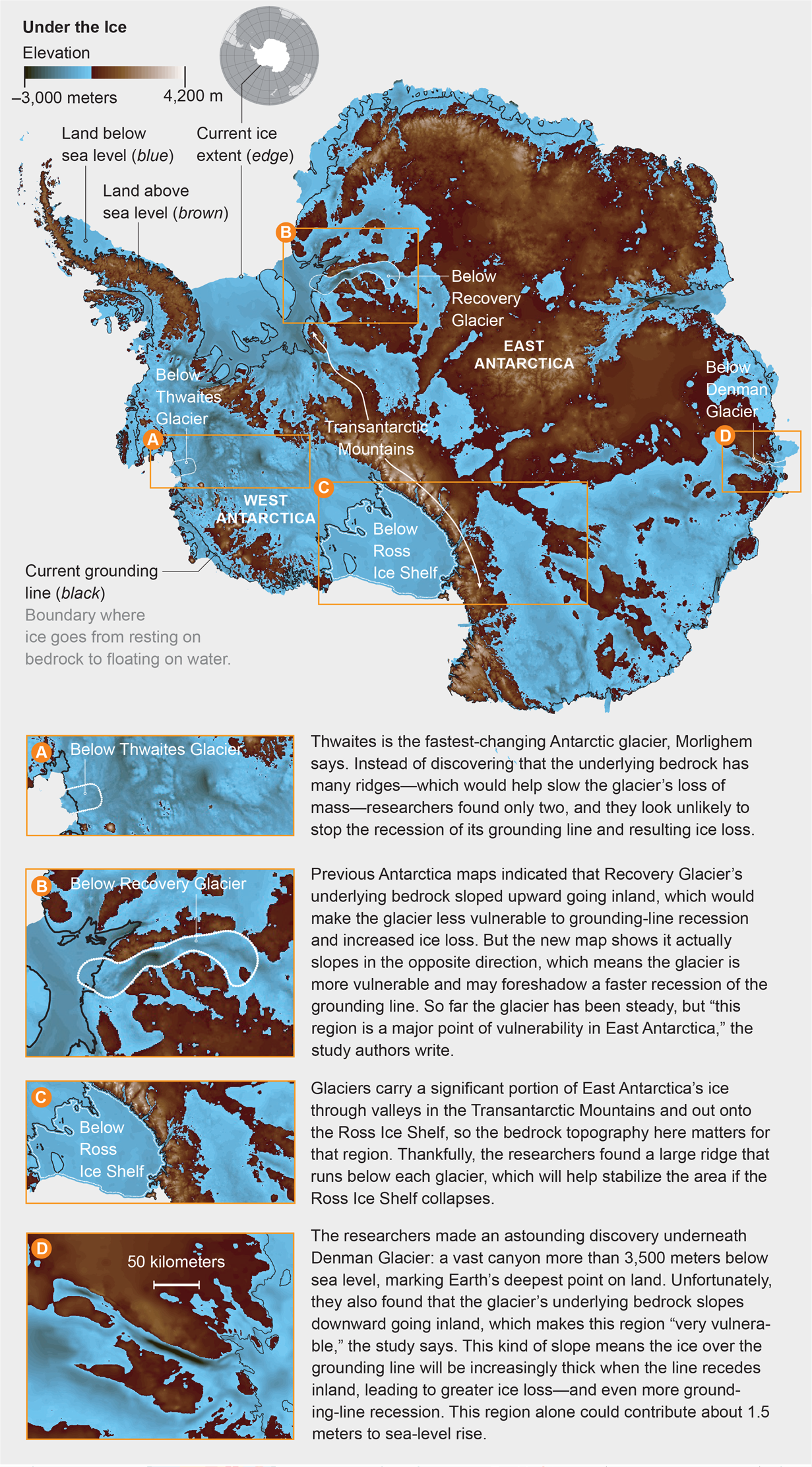 In an elevation map of Antarctica, bedrock features usually hidden under ice and water are revealed