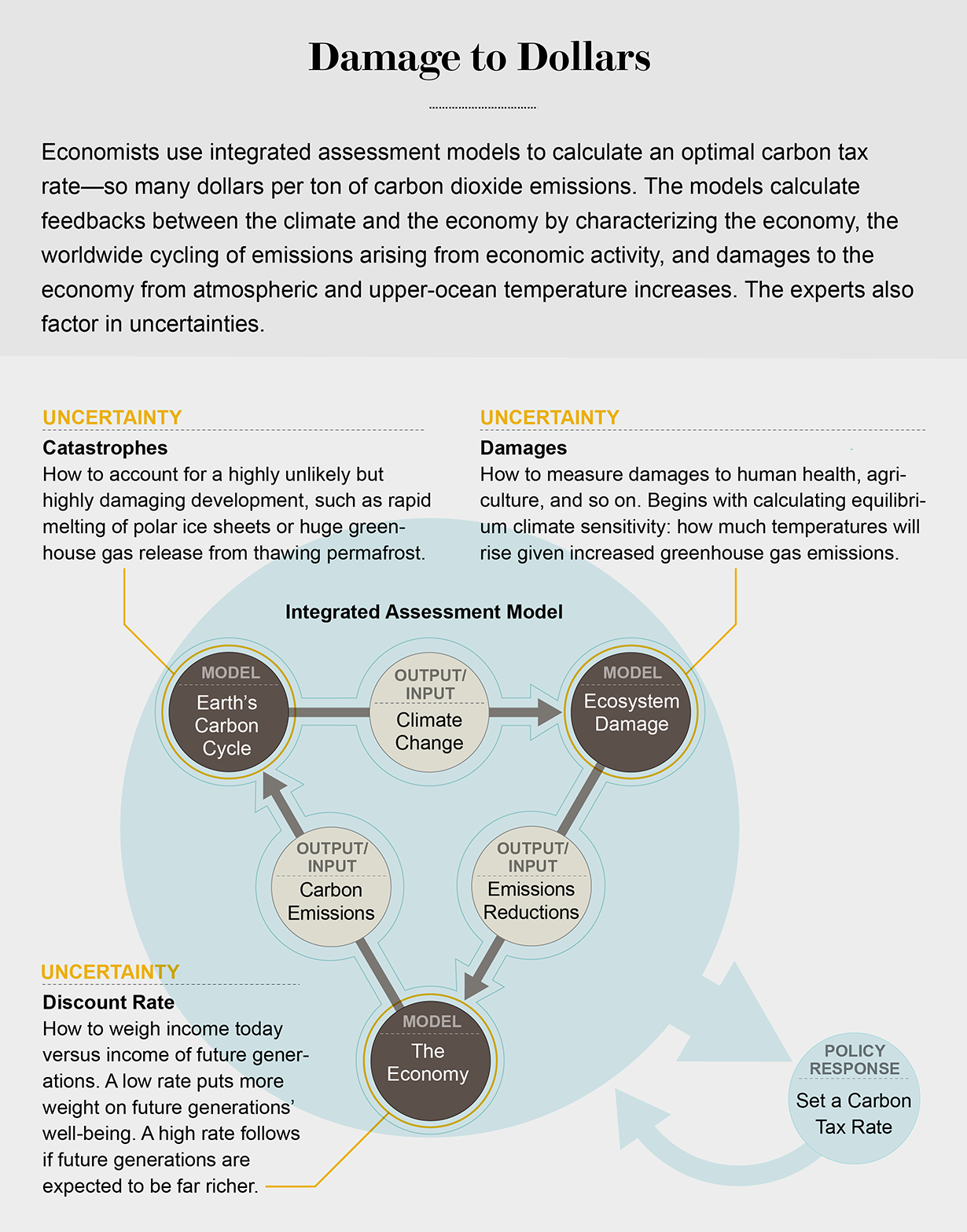 Diagram shows how integrated assessment models calculate feedbacks between the climate and the economy to determine an optimal carbon tax rate